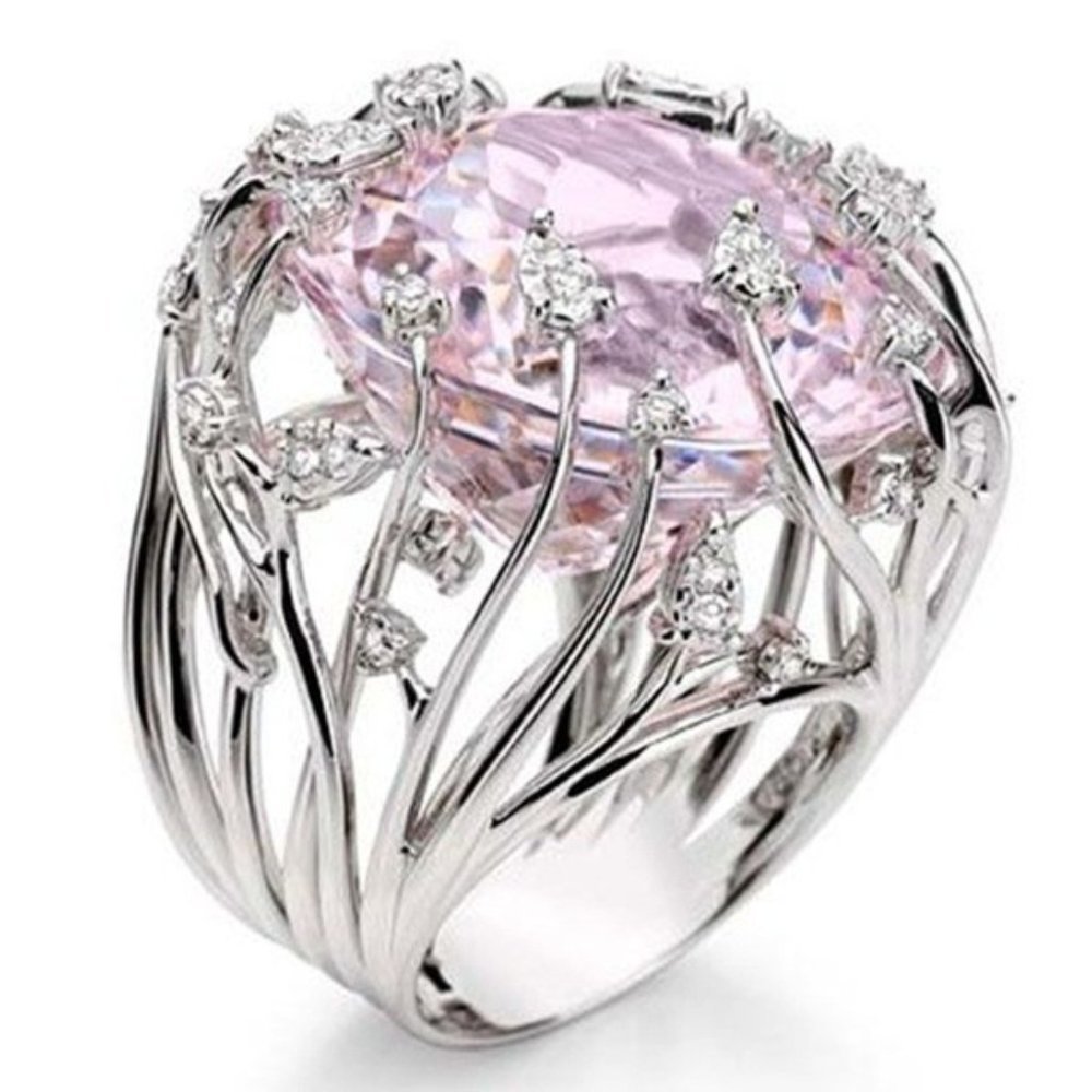 💞925 Silver Plated Hollow Pink Flower Engagement Ring, GPMB1546 - Picture 1 of 5